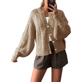 Saodimallsu Womens Cable Knit Cardigan Sweaters Button Up Crew Neck Long Sleeve Loose Fall Trendy Sweater Coats Khaki