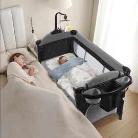 MMBABY Baby Bassinet Bedside Crib, Pack and Play with Sheet,Multifunction Portable Large Playard from Newborn to Toddlers,U-Shaped Diaper Changer