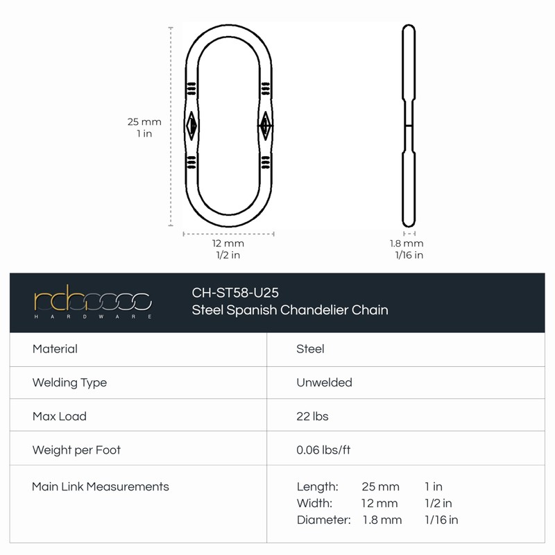 RCH Hardware CH-S58-20-AC-10 |12 Gauge Decorative Solid Steel Spanish Link