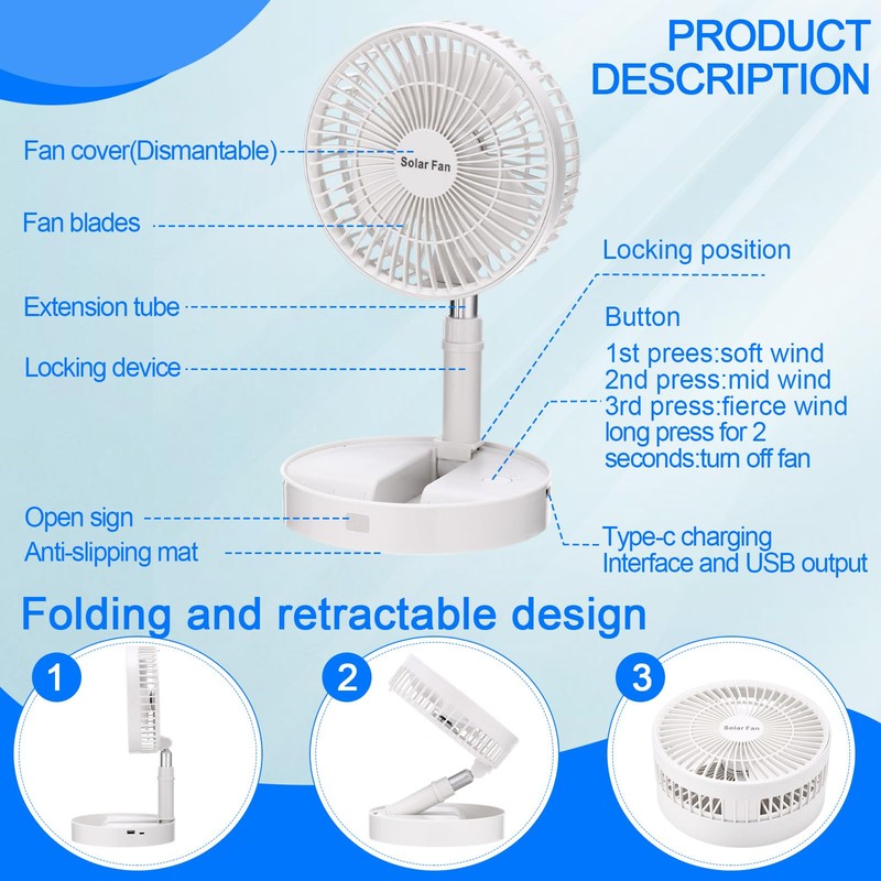 Aurelema Solar Battery-operated Portable Standing Fan with Solar Panel, 8"