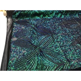NEW CREATIONS FABRIC AND FOAM INC GREEN IRIDESCENT GEOMETRIC DIAMOND DESIGN WITH SEQUIN ON A 4 WAY STRETCH MESH