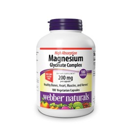 Webber Naturals Complejo de glicinato de magnesio 200 mg, 180 cápsulas vegetarianas, fórmula de alta absorción, fortalece huesos, corazón, músculos y nervios, una al día, vegano