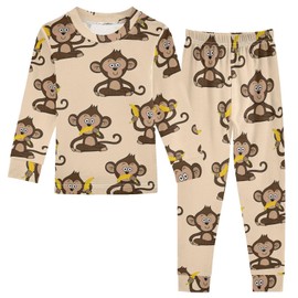 MCHIVER Monkey Banana Pajamas Set 2 Piece Cotton Pjs Set Long Sleeve Sleepwear Prints Sleepers Size 8Y