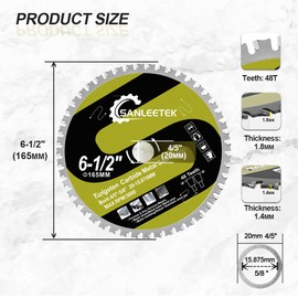 165mm Circular Saw Blade Metal - SANLEETEK Tungsten Carbide Tipped Saw Blade TCT Cutting Disc 48T for Steel Iron Stainless Steel Ferrous Metals Pipe Bore 20mm x 15.875mm