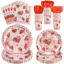 NatNarr 175 Pcs Strewberry Plates and Napkins, 25 Guest Berry First Birthday Decorations Includes Berry 1st Plates Napkins Cups Plastic Cutlery, Strewberry Birthday Decoartions for Girls
