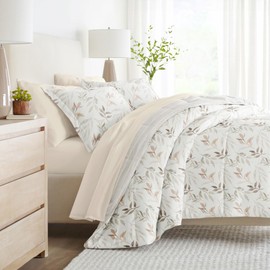 LINENS & HUTCH Bedding Bundle, Patterned Microfiber Comforter Set and Solid Sheet Set - California King Foliage Stripe Ivory