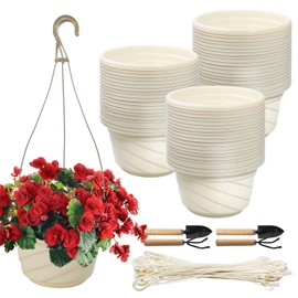 LECEHIVO 58 Pcs Plastic Hanging Planter Set with 2 Sets Potting Tools, Indoor Outdoor Flower Containers with Hooks Round Hanging Pots for Plants, Balcony and Garden Decor