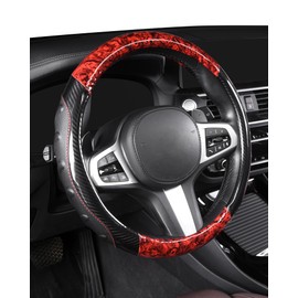 TOYOUN Wood Grain Steering Wheel Cover Universal Fit 37cm-38cm PU Leather Car Steering Wheel Covers Vintage Interior Accessories, Red