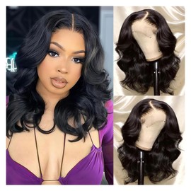 Bob Wig Human Hair 13x4 Frontal Lace Wig 12 Inch Body Wave 180% Density HD Lace Front Wigs Human Hair Pre Plucked Bob Wigs for Women Natural Black