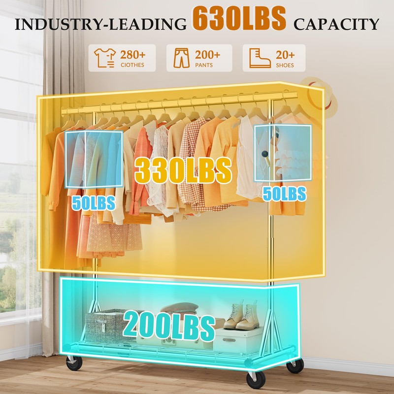 Gewudraw Heavy Duty Clothes Rack Load 630 lbs, Metal Rolling