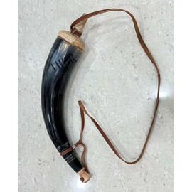 Hand Carved Genuine Gun Powder Real Horn with Leather Strap, Black Powder Holder Reenactment Vikings Style Gift for Men - Birthday Christmas Anniversary