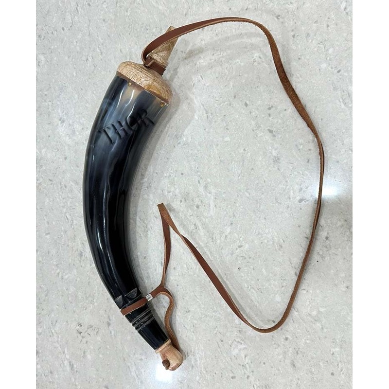 Hand Carved Genuine Gun Powder Real Horn with Leather Strap,