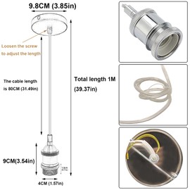 HTRUIYATY Vintage Pendant Light Holder E27 Suspension Light Fitting Modern Retro Adjustable 1 Meter Wire for Bedroom Dinning Room Lightings-Silver