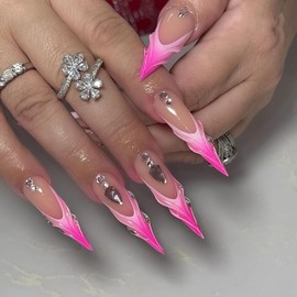 Stiletto Nails Long Almond Press on Nails Pink French Tip RIICFDD Fake Nails Rhinestone Nail Charms False Nails 3D Water Ripple Designs Full Cover Acrylic Nails for Women Girls Nail Decor 24 Pcs