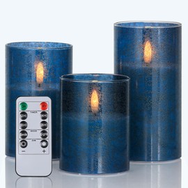 SNUGBLAKI Flickering Flameless Candles with Remote - 3D Wick Battery Operated Candles with Timer, Blue Glass Fake LED Candles for Party Wedding Birthday Holiday Festival Christmas Home Decor Gifts