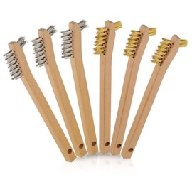 Wire Brush Set 6Pcs, Small Detailing Wire Scratch Brushes for Deep Cleaning, Brass/Stainless Steel Bristles with 8" Curved Wood Handle for Metal Rust Remover,Paint, Dirt, Paint Scrubbing