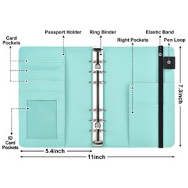 A6 Budget Binder with Cash Envelopes, PU Leather Refillable Notebook Binder, Loose Leaf Organizer Binder Cover, Money Organizer for Cash with Elastic Belt Closure (Mint Green)