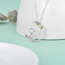 YEESIA Cat Necklace Sterling Silver Kitty Cat Necklace Crescent Moon Cat Pendant Necklace Gifts for Women Girls, Sterling Silver, Cubic Zirconia