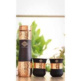 Indian Art Villa Pure Copper Drinkware Gift Set - Black Silk Finish - 1 Bottle (30 Oz) & 2 Glasses (11 Oz) - Royal Gift Box - Ideal for Diwali, Birthday, and Parties