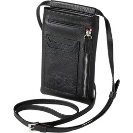 amidiio Men's Smartphone Pouch, Genuine Leather, Shoulder Bag, Coin Purse, Mobile Payment, Adjustable Length, Black