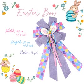 Easter Wreath Bows, Large Easter Rabbits Burlap Bows Holiday Bow Rabbits Bunny Bows for Wall Indoor Outdoor Decor (Purple)