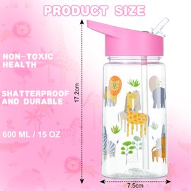 flintronic Kids Water Bottle with Straw 450ml, Leakproof BPA Free Kids Water Bottles, Cute Cartoon Pattern Design, Flip Nozzle Sports Water Bottle for School Picnic, Gift for Girls Boys