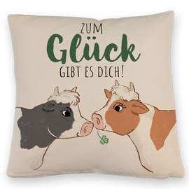speecheese Cow Pair Cushion with Linen Look with Saying "Zum Glück gibt es Dich ein liebevolles Decorative Cushion with Linen Look for Sofa Cow Motif Women Birthday Cuddly Cushion with