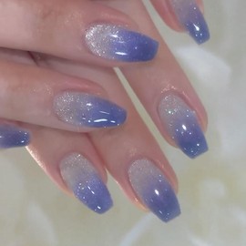 DOCVOEOMH Ombre Blue White Press on Nails Short Medium Coffin Acrylic Fake Nails with Glitter Design Glue on Glossy Full Cover Artificial Gel False Stick on Nail for Girls Women Wedding Manicure 24Pcs