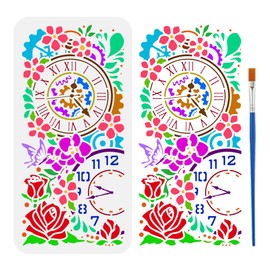 FINGERINSPIRE Clock Flower Stencil with a Paint Brush 11.8x5.9inch Vintage Gears Rose Stencil Peach Blossom Painting Stencil Butterfly Silhouette Templates for Wall Tiles Floor Paper Furniture
