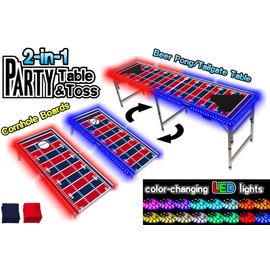 PARTYPONG PartyPongTables.com 2-in-1 New England Football Field with LED Lights 2-in-1 Cornhole Boards & Beer Pong Tailgate Table with Color-Changing LED Glow Lights - New England Football Field