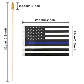 QQSD Thin Blue Line American Police Small Flag Stick Mini Hand Held Flags - Honoring Law Enforcement Officers - Solid Wooden Pole with Spear Top, 12 Pack