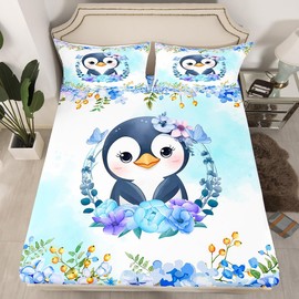 Cartoon Penguin Kids Fitted Sheet Twin Size,Cute Arctic Pole Animals Bedding Set,Girls Boys Adults Room Decor,Flowers Plants Romantic Bed Cover,Blue Gradient Bed Sheet,1 Pillowcase