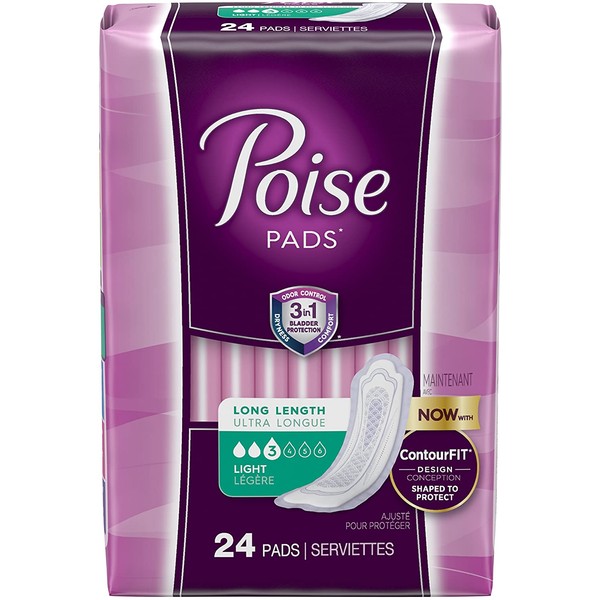 Poise Incontinence Pads, Ultra Thin, Light Absorbency, Long, 24 Count (pack of 6)