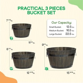 IDZO Set of 3 Wooden Flower Planters for Outdoor Plants, Acacia Wood Barrel Planters, Ergonomic Handles, Drainage Holes, Various Sizes, Black