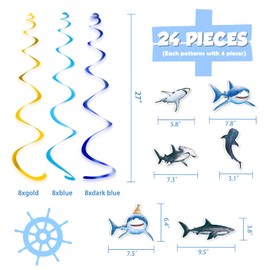 WERNNSAI Shark Party Hanging Swirls – 24 PCS Ocean Shark Party Decorations kids Boys Shark Birthday Supplies Under the Sea Party Ceiling Hanging Decorations Supplies