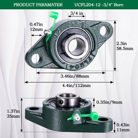 SHINICO Pillow Block Bearing 3/4 inch Shaft Bore, Flange Mounted UCFL204-12, Solid Cast Iron Base, Swamp Cooler Parts, Self-Aligning, 2Pack