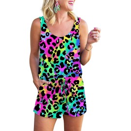 RAISEVERN Womens Rompers Summer Rainbow Leopard Short Jumpsuits Hawaiian Tropical Casual Tank Top Romper Beach Cheetah Sleeveless Romper Outfits with Pockets L