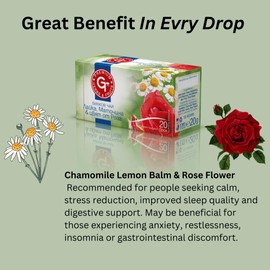 Premium Chamomile Lemon Balm Leaf Rose Blossom 20 Tea Bags Experience Tranquility with Premium Calming Tea Rose Flower Tea Bags for Relaxation and Sleepy Tea Premium GT Herbs & Fruits