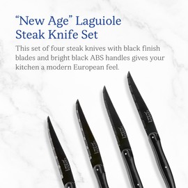 Jean Dubost New Age Laguiole 4-Piece Black Steak Knife Set, Black Handles - 1.2 mm Blades - Rust-Resistant Stainless Steel - Made in France