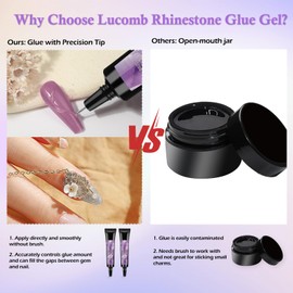 2 x 17ml Rhinestone Nail Glue Gel with Tools, Strong Adhesive Nail Gem Glue Crystals Beads Jewelry Glue NO Wipe for Diamonds Sticker Stones 3D Nail Charms Sequins Nail Glitter Crafts (Needs UV Cured)