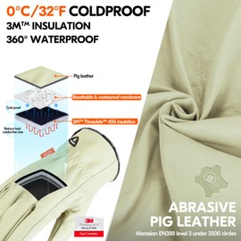 Vgo... 1Paar 0℃/32°F Warme Winter Sicherheit Schweinsleder Arbeitshandschuhe Männer, Rigger Handschuhe, Bauarbeiter Handschuhe, Bauhandschuhe(PA9501FLWP)