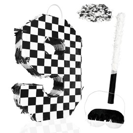 MUNILAIL Checkered Number 9 Pinata Black and White Checkered Pinata with Stick and Blindfold Confetti for 9th Birthday Racing Car Party Game Supplies Race Car Pinata