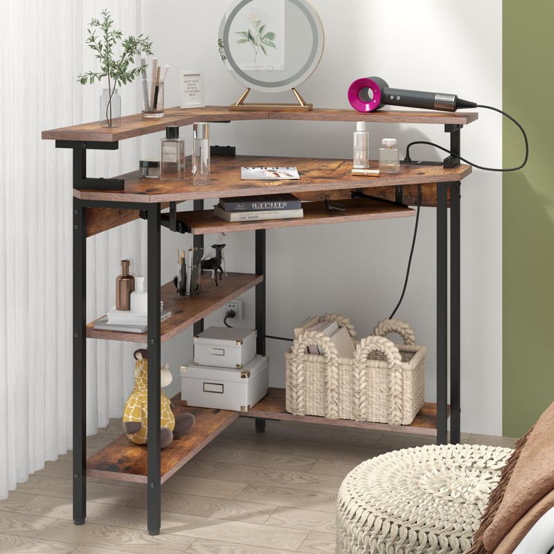 Triangle Corner Desk with Charging Station and LED Light for