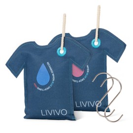 LIVIVO T-Shirt Shaped Hanging Dehumidifier Bags 200g – 2 Pack Reusable Silica Gel Moisture Absorbers with Colour Indicator - Damp Remover for Wardrobe, Home, Cupboards, Car & Caravan
