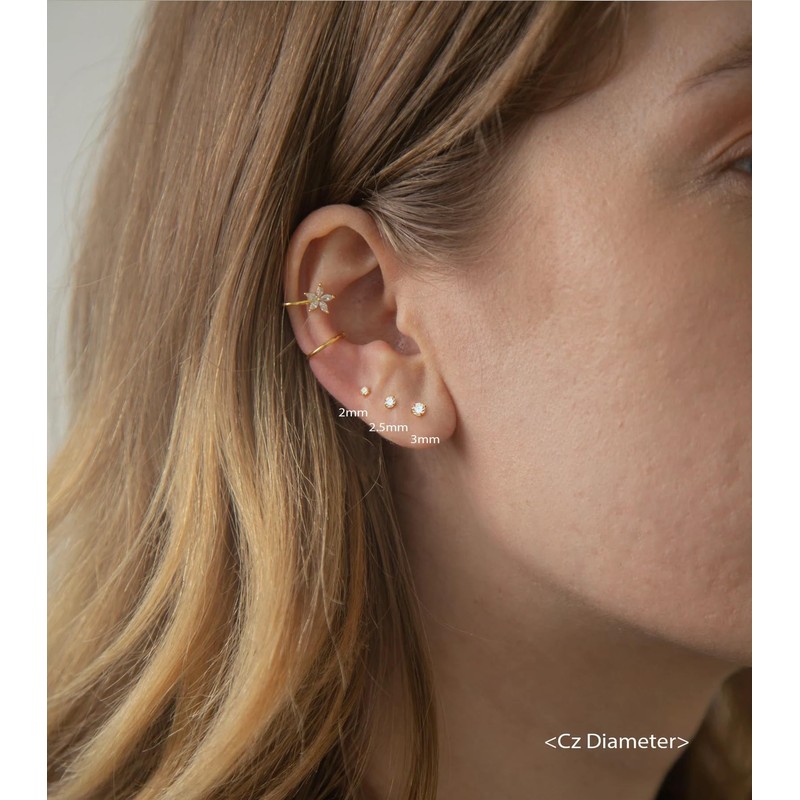 NONTAI Tiny CZ Stud Earrings, Silver 18G Flat Back Earrings,