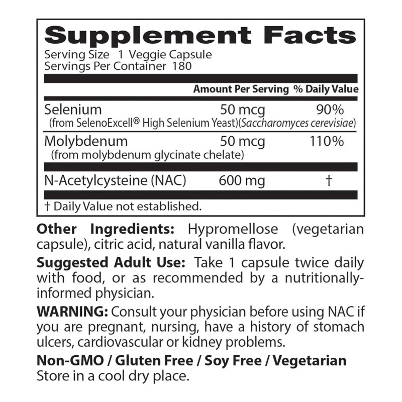 NAC Detox Regulators 600mg N-Acetyl Cysteine con Selenio y Molibdeno180