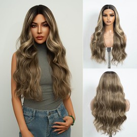 REBECCA STYLE Long Brown Wavy Wigs for Women 28 Inch Middle Part Curly Wavy Wig Natural Looking Long Wave Synthetic Lace Front Wigs Glueless Heat Resistant for Girls Daily Party