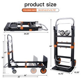 3 in1 Heavy Duty Convertible Hand Truck Dolly Cart, Folding Trolley Cart with Wheels, 600lbs Capacity for Transport Moving in Warehouse, Supermarket, Equipment (Orange)