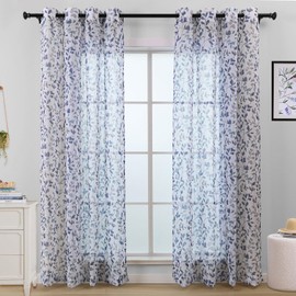L.Z.E Floral Sheer Curtains 84 Inches Long for Living Room, Light Filtering Navy Blue Leaf Patterned Curtains for Bedroom Dining Room, Vintage Plant Printed Window Drapes Grommet Top 2 Panels Set