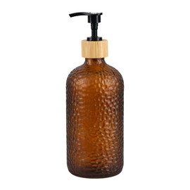 Hzxcuim 16 oz Glass Soap Dispenser with Bamboo Pump Head, Refillable Kitchen Bathroom Soap Dispenser for Hand Soap, Lotion (1, Amber)